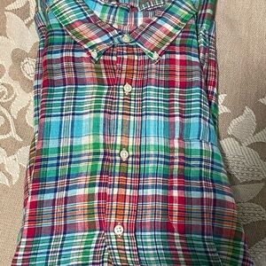 NWOT New never worn Men’s XL 100% Linen Madras Button down shirt blue red green